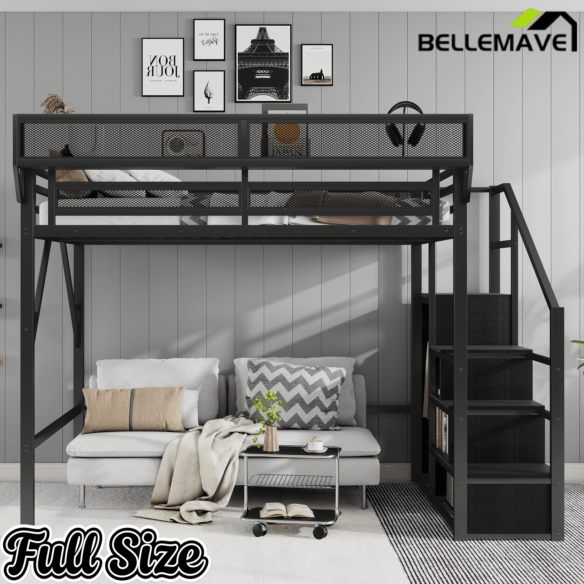 Bellemave® Queen loft Bed with Storage Stairs, Wardrobe, Shelves, Metal High Loft Bed Frame for Adults, Kids, Teens, Black, Patent Products - Bellemave