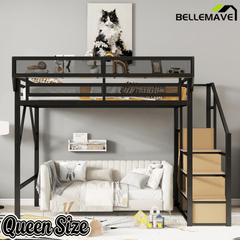 Bellemave® Queen loft Bed with Storage Stairs, Wardrobe, Shelves, Metal High Loft Bed Frame for Adults, Kids, Teens, Black, Patent Products - Bellemave
