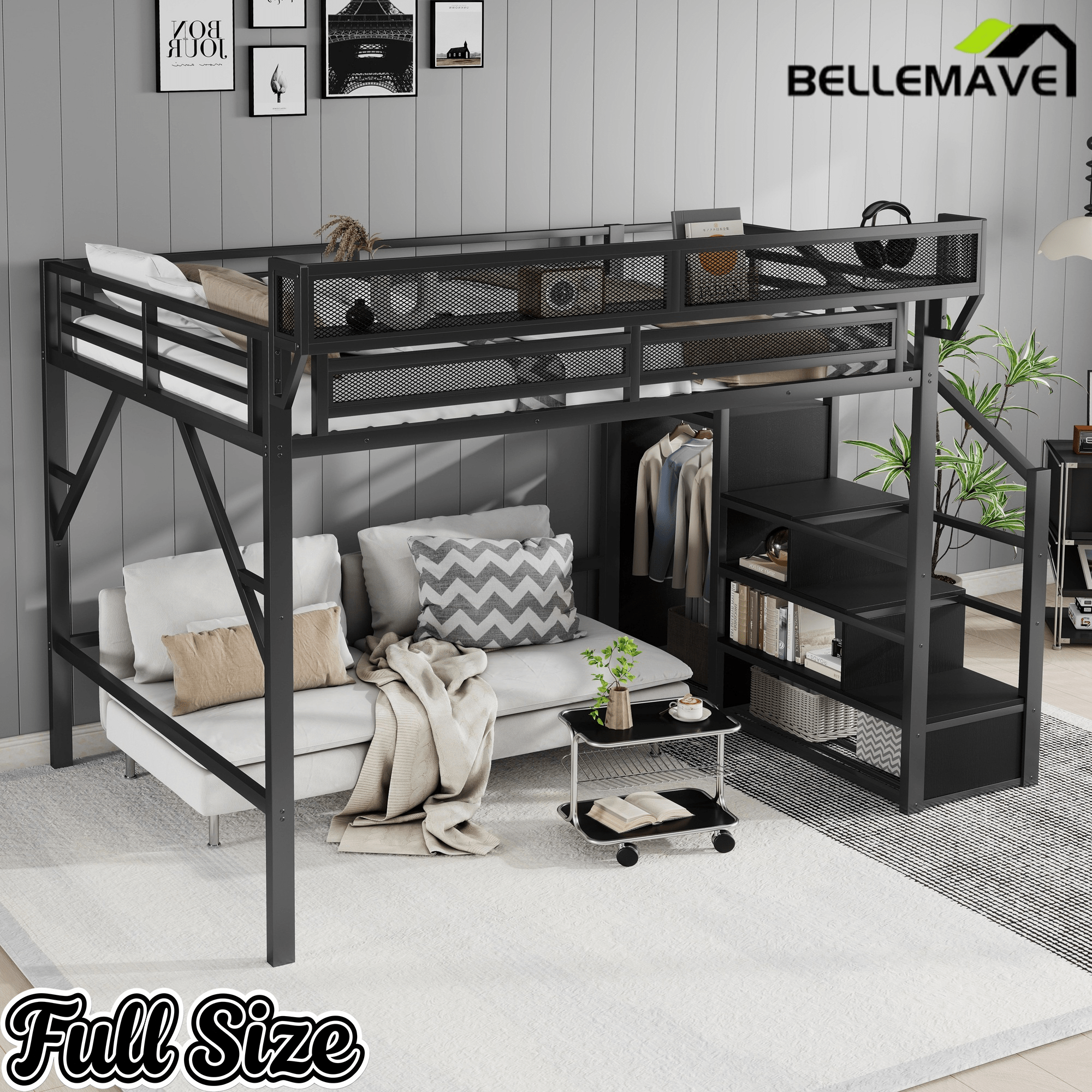 Bellemave® Queen loft Bed with Storage Stairs, Wardrobe, Shelves, Metal High Loft Bed Frame for Adults, Kids, Teens, Black, Patent Products - Bellemave