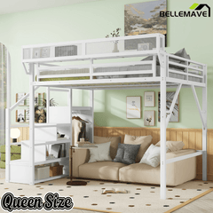 Bellemave® Queen loft Bed with Storage Stairs, Wardrobe, Shelves, Metal High Loft Bed Frame for Adults, Kids, Teens, Black, Patent Products - Bellemave