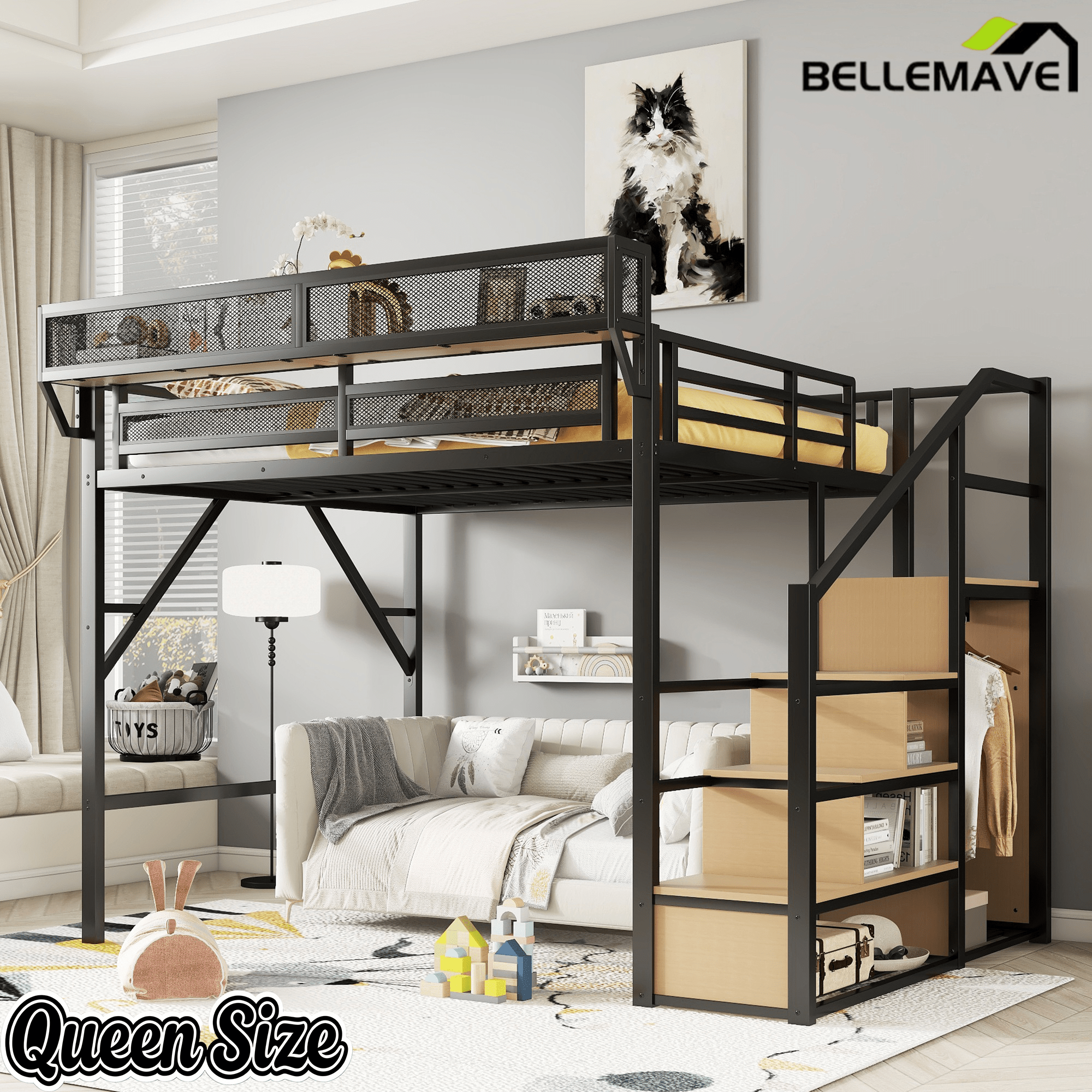 Bellemave® Queen loft Bed with Storage Stairs, Wardrobe, Shelves, Metal High Loft Bed Frame for Adults, Kids, Teens, Black, Patent Products - Bellemave