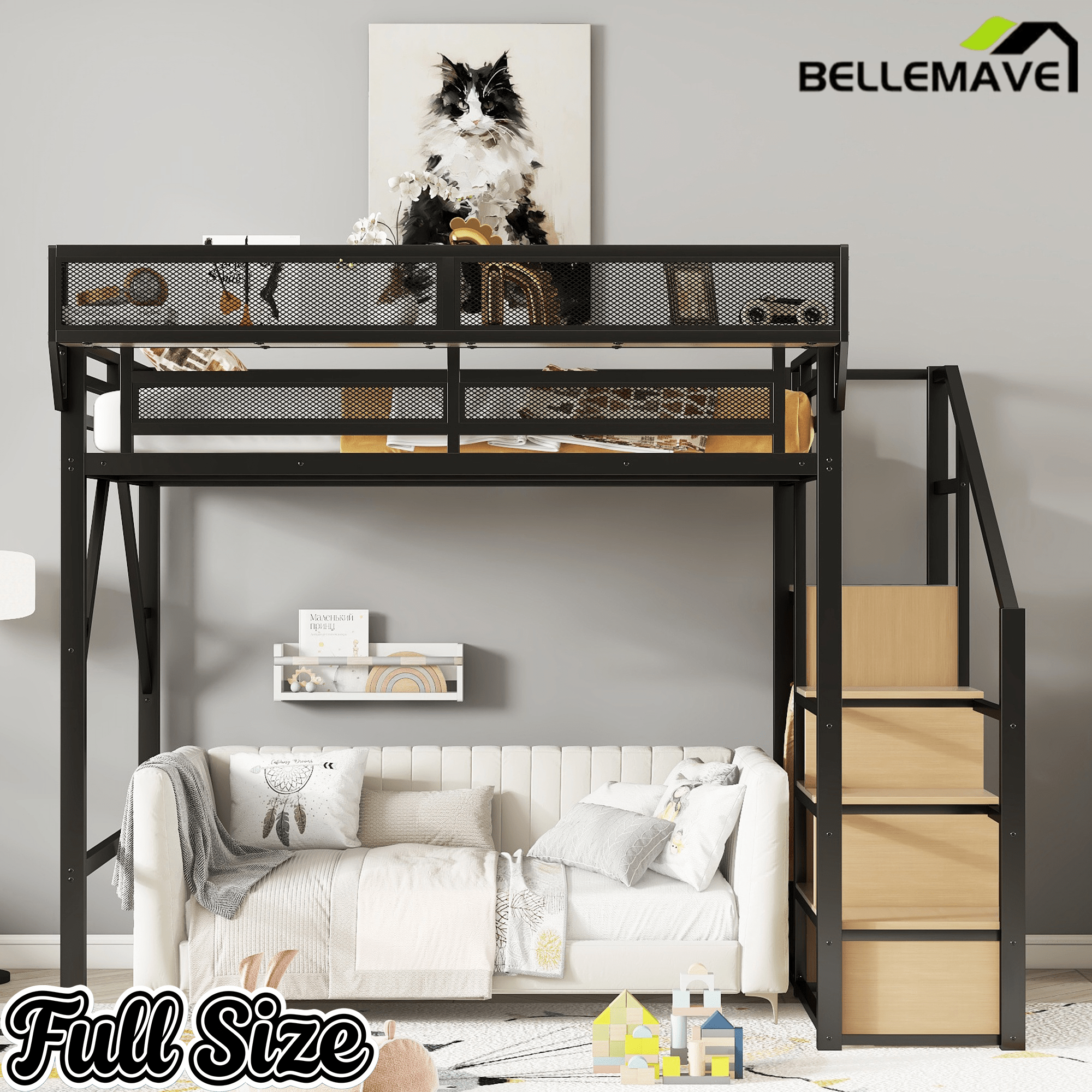 Bellemave® Queen loft Bed with Storage Stairs, Wardrobe, Shelves, Metal High Loft Bed Frame for Adults, Kids, Teens, Black, Patent Products - Bellemave