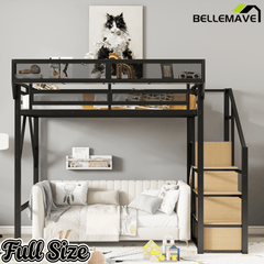Bellemave® Queen loft Bed with Storage Stairs, Wardrobe, Shelves, Metal High Loft Bed Frame for Adults, Kids, Teens, Black, Patent Products - Bellemave