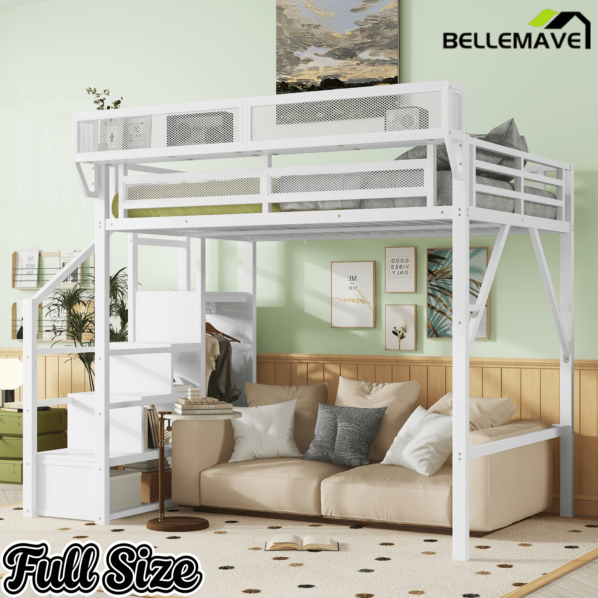 Bellemave® Queen loft Bed with Storage Stairs, Wardrobe, Shelves, Metal High Loft Bed Frame for Adults, Kids, Teens, Black, Patent Products - Bellemave