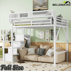 Bellemave® Queen loft Bed with Storage Stairs, Wardrobe, Shelves, Metal High Loft Bed Frame for Adults, Kids, Teens, Black, Patent Products - Bellemave