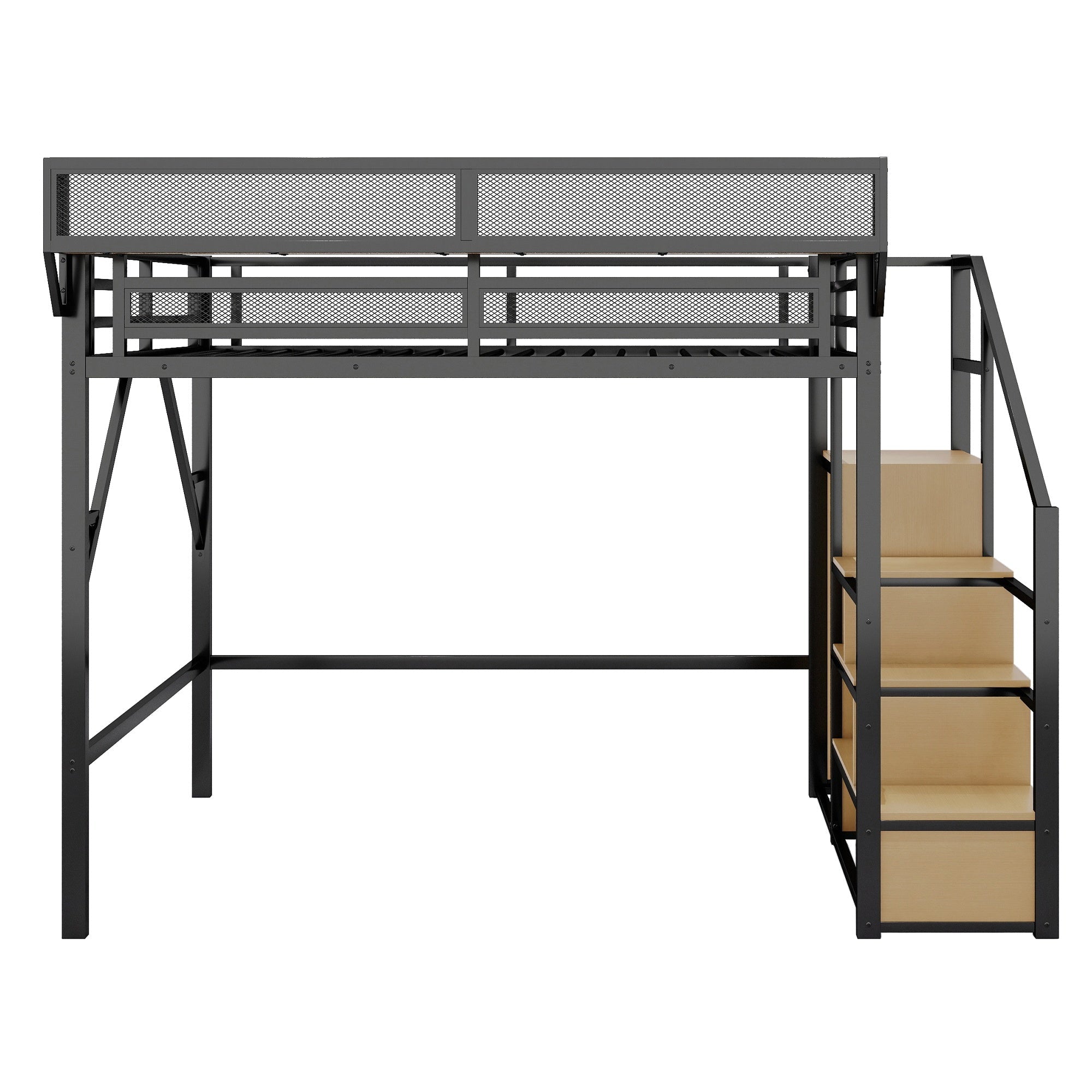 Bellemave® Queen loft Bed with Storage Stairs, Wardrobe, Shelves, Metal High Loft Bed Frame for Adults, Kids, Teens, Black, Patent Products - Bellemave