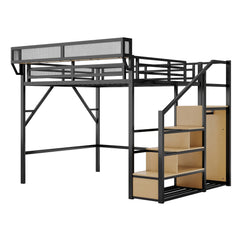 Bellemave® Queen loft Bed with Storage Stairs, Wardrobe, Shelves, Metal High Loft Bed Frame for Adults, Kids, Teens, Black, Patent Products - Bellemave