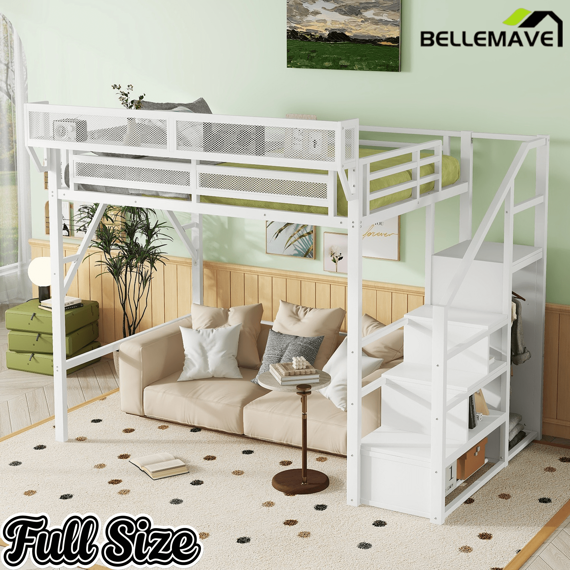 Bellemave® Queen loft Bed with Storage Stairs, Wardrobe, Shelves, Metal High Loft Bed Frame for Adults, Kids, Teens, Black, Patent Products - Bellemave