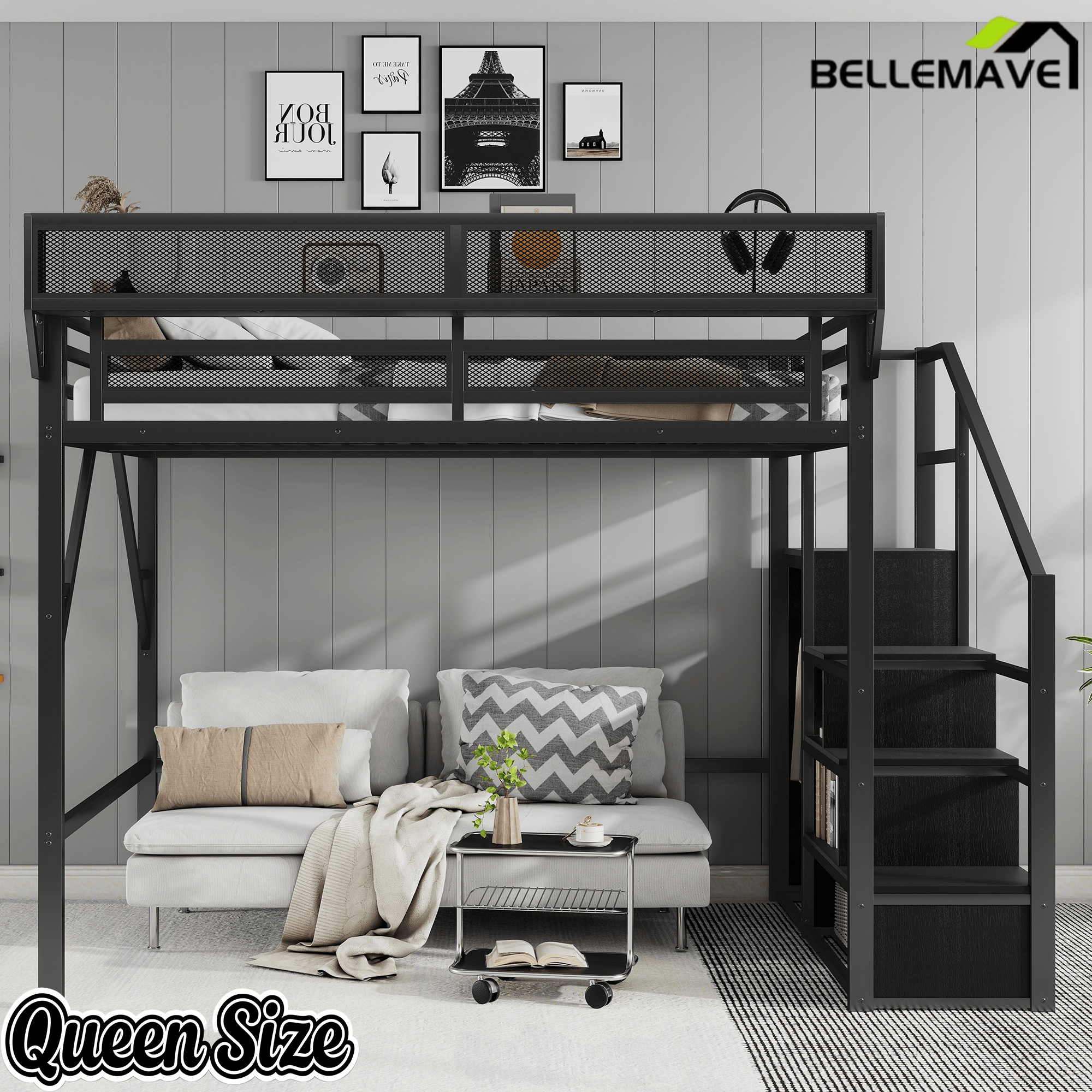 Bellemave® Queen loft Bed with Storage Stairs, Wardrobe, Shelves, Metal High Loft Bed Frame for Adults, Kids, Teens, Black, Patent Products - Bellemave