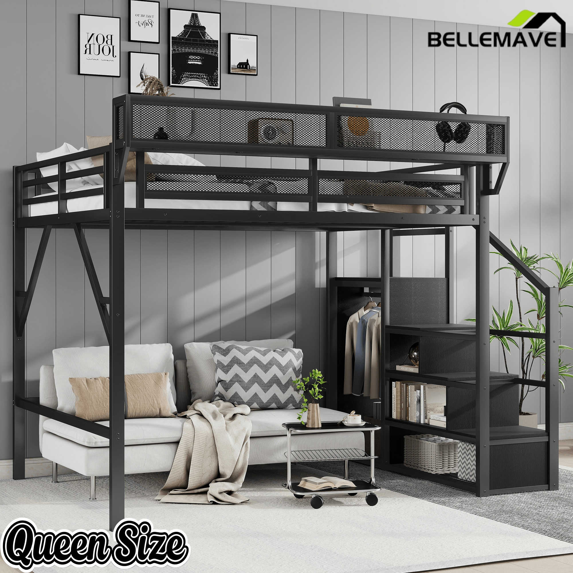 Bellemave® Queen loft Bed with Storage Stairs, Wardrobe, Shelves, Metal High Loft Bed Frame for Adults, Kids, Teens, Black, Patent Products - Bellemave
