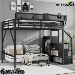 Bellemave® Queen loft Bed with Storage Stairs, Wardrobe, Shelves, Metal High Loft Bed Frame for Adults, Kids, Teens, Black, Patent Products - Bellemave