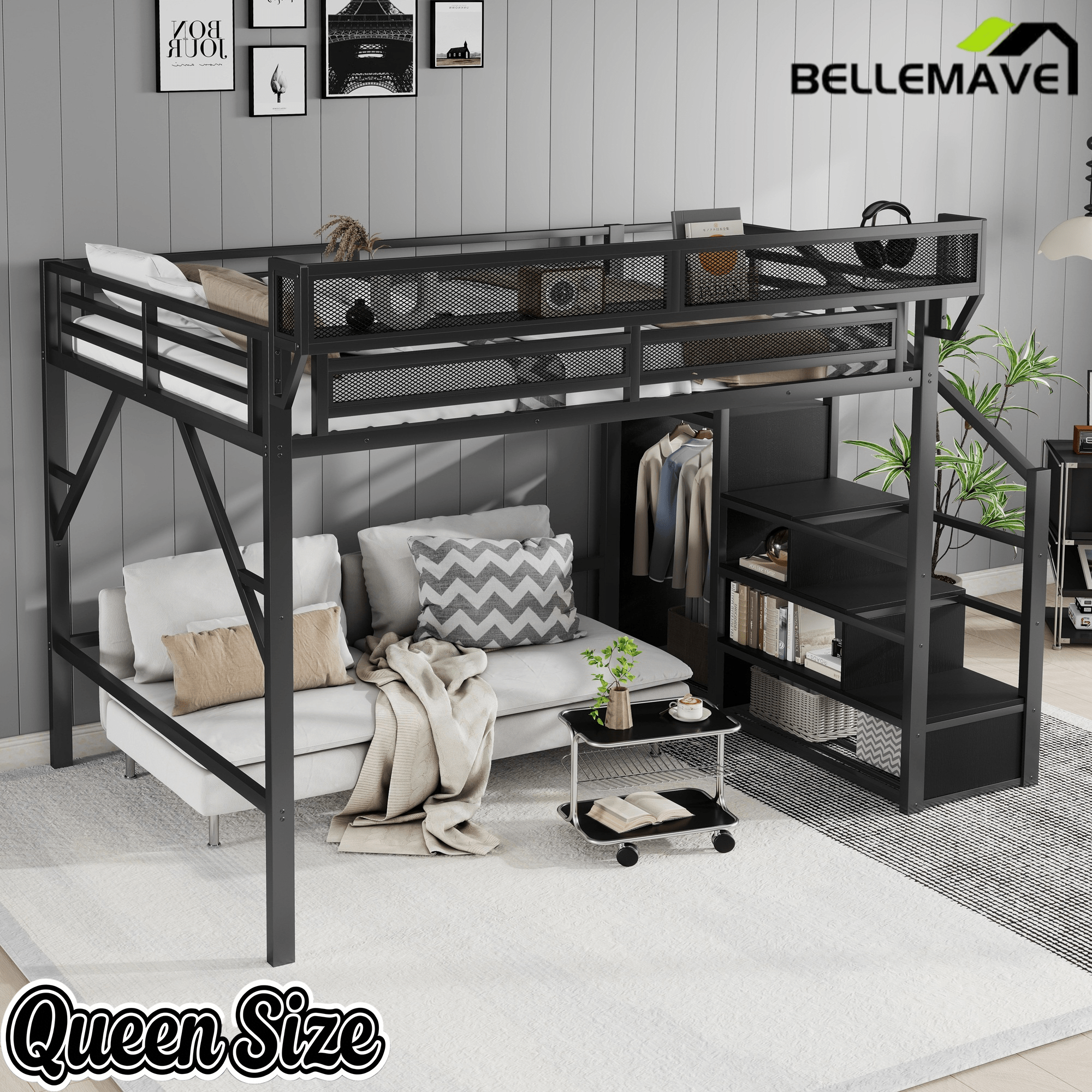 Bellemave® Queen loft Bed with Storage Stairs, Wardrobe, Shelves, Metal High Loft Bed Frame for Adults, Kids, Teens, Black, Patent Products - Bellemave