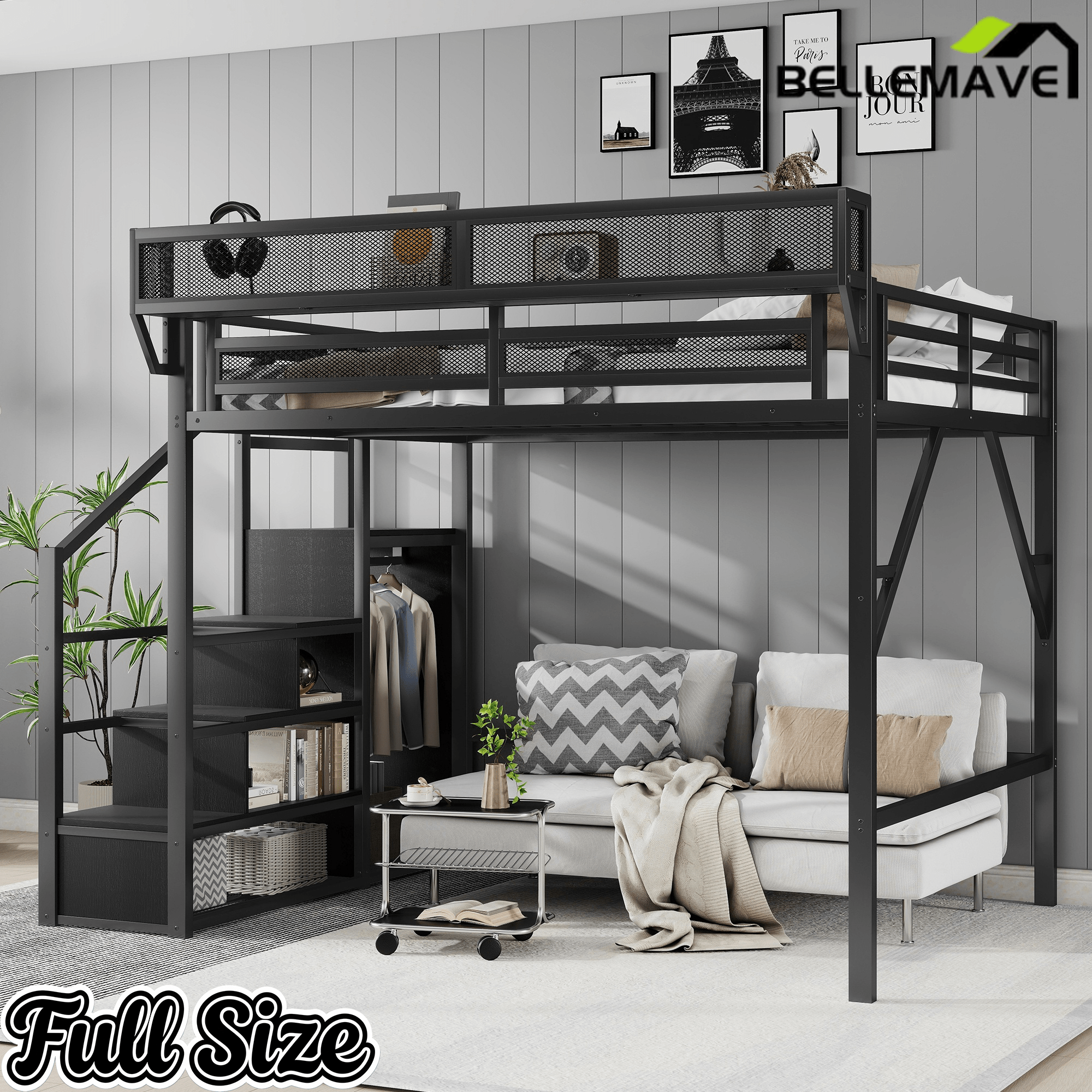 Bellemave® Queen loft Bed with Storage Stairs, Wardrobe, Shelves, Metal High Loft Bed Frame for Adults, Kids, Teens, Black, Patent Products - Bellemave