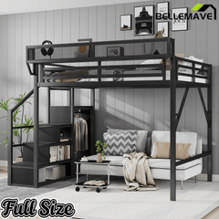 Bellemave® Queen loft Bed with Storage Stairs, Wardrobe, Shelves, Metal High Loft Bed Frame for Adults, Kids, Teens, Black, Patent Products - Bellemave