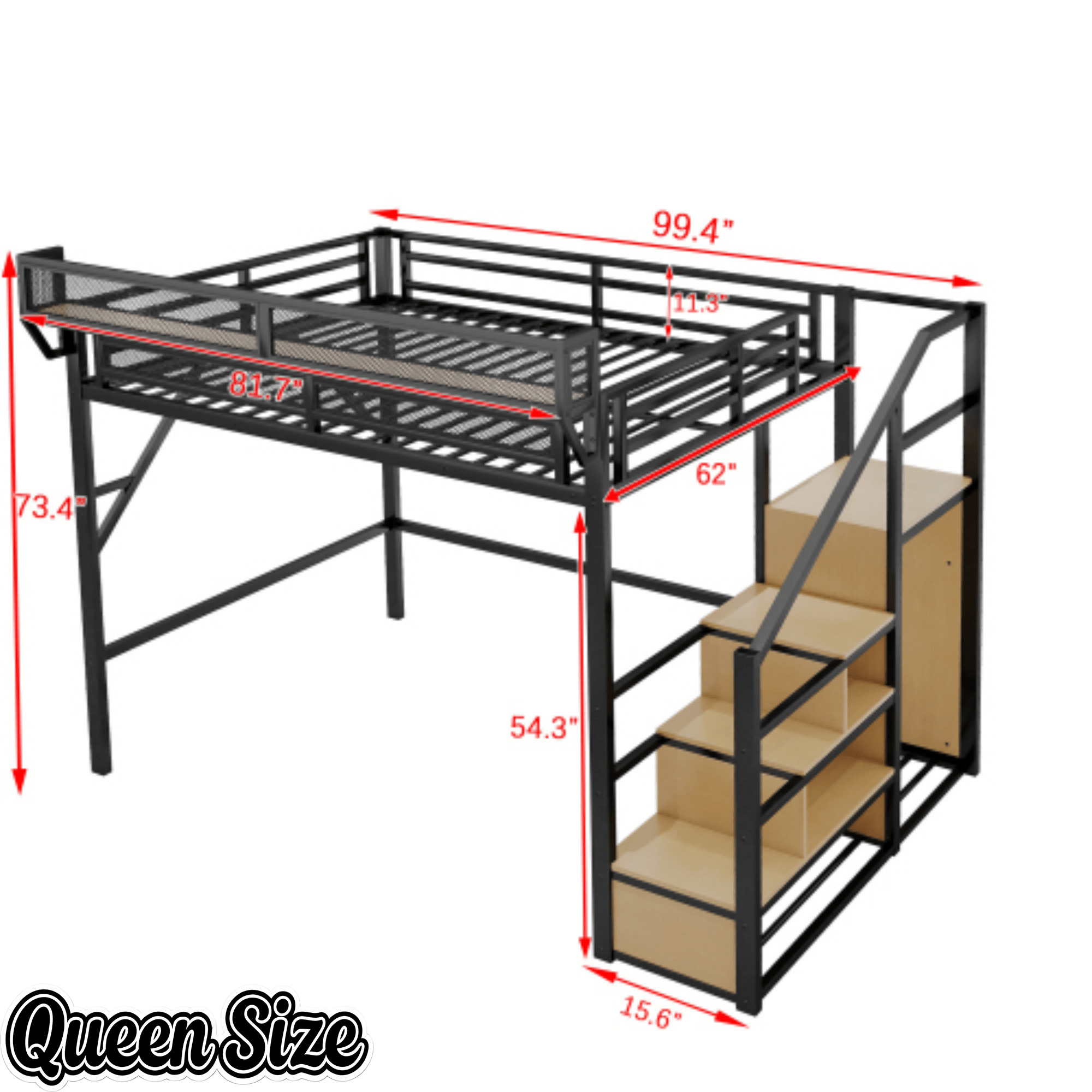 Bellemave® Queen loft Bed with Storage Stairs, Wardrobe, Shelves, Metal High Loft Bed Frame for Adults, Kids, Teens, Black, Patent Products - Bellemave