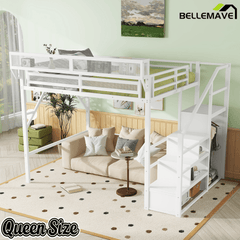 Bellemave® Queen loft Bed with Storage Stairs, Wardrobe, Shelves, Metal High Loft Bed Frame for Adults, Kids, Teens, Black, Patent Products - Bellemave