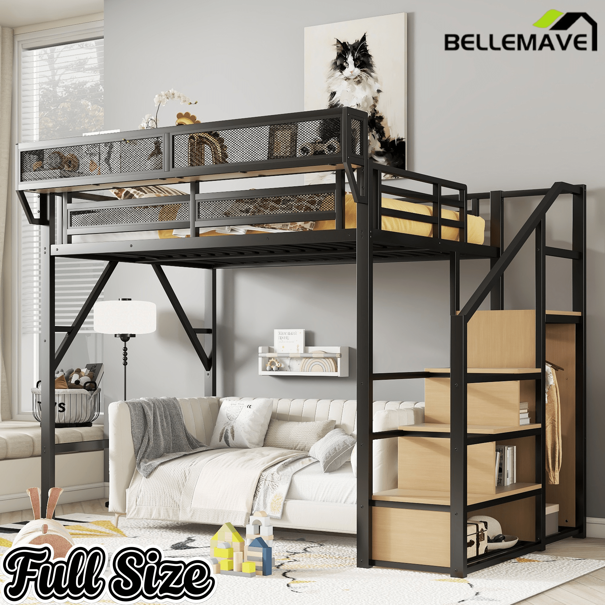 Bellemave® Queen loft Bed with Storage Stairs, Wardrobe, Shelves, Metal High Loft Bed Frame for Adults, Kids, Teens, Black, Patent Products - Bellemave
