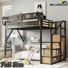 Bellemave® Queen loft Bed with Storage Stairs, Wardrobe, Shelves, Metal High Loft Bed Frame for Adults, Kids, Teens, Black, Patent Products - Bellemave