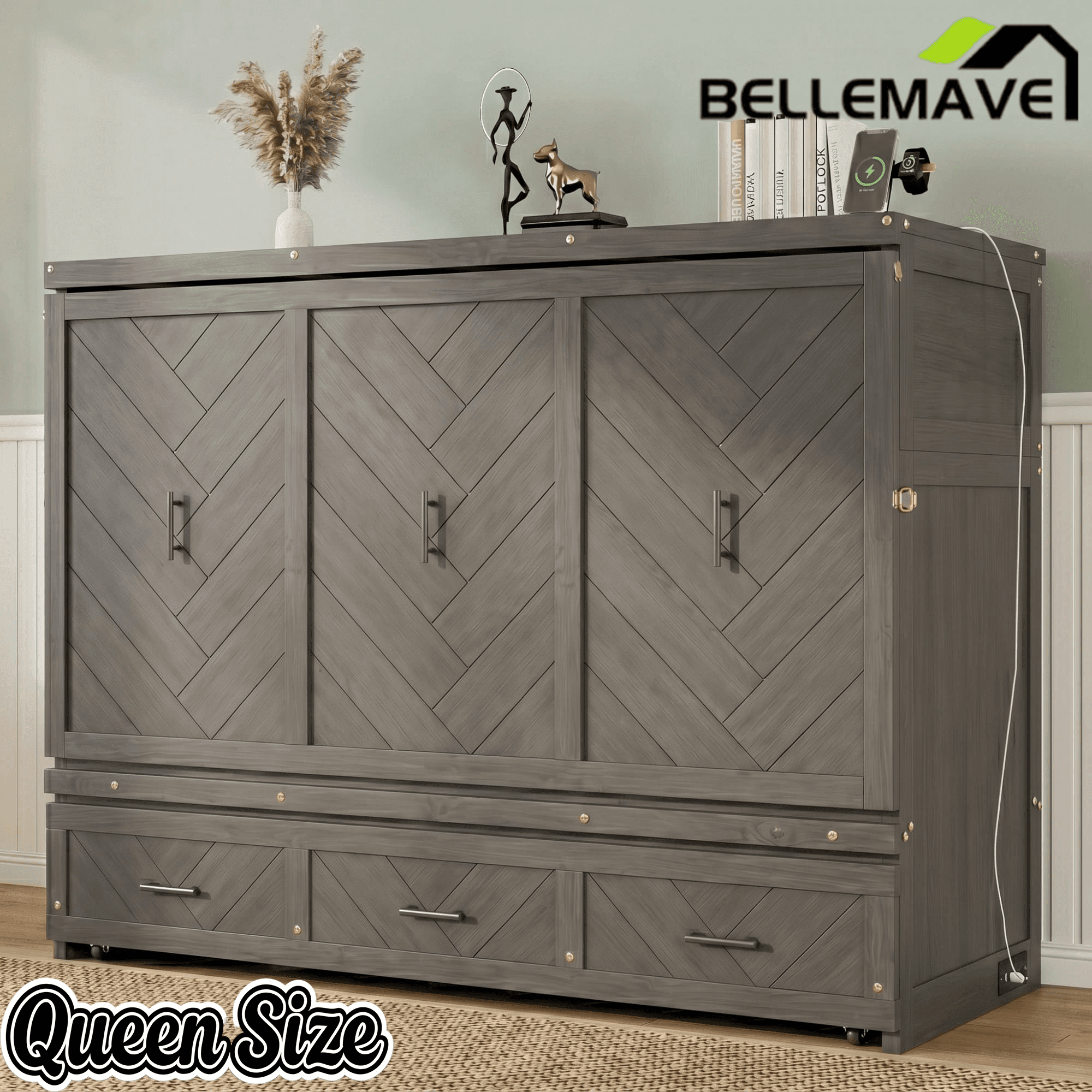 Bellemave® Queen Murphy Bed with Charging Station and Storage, Farmhouse Murphy Bed with Foldable Panel for Guest Bedroom, Living Room, Office - Bellemave