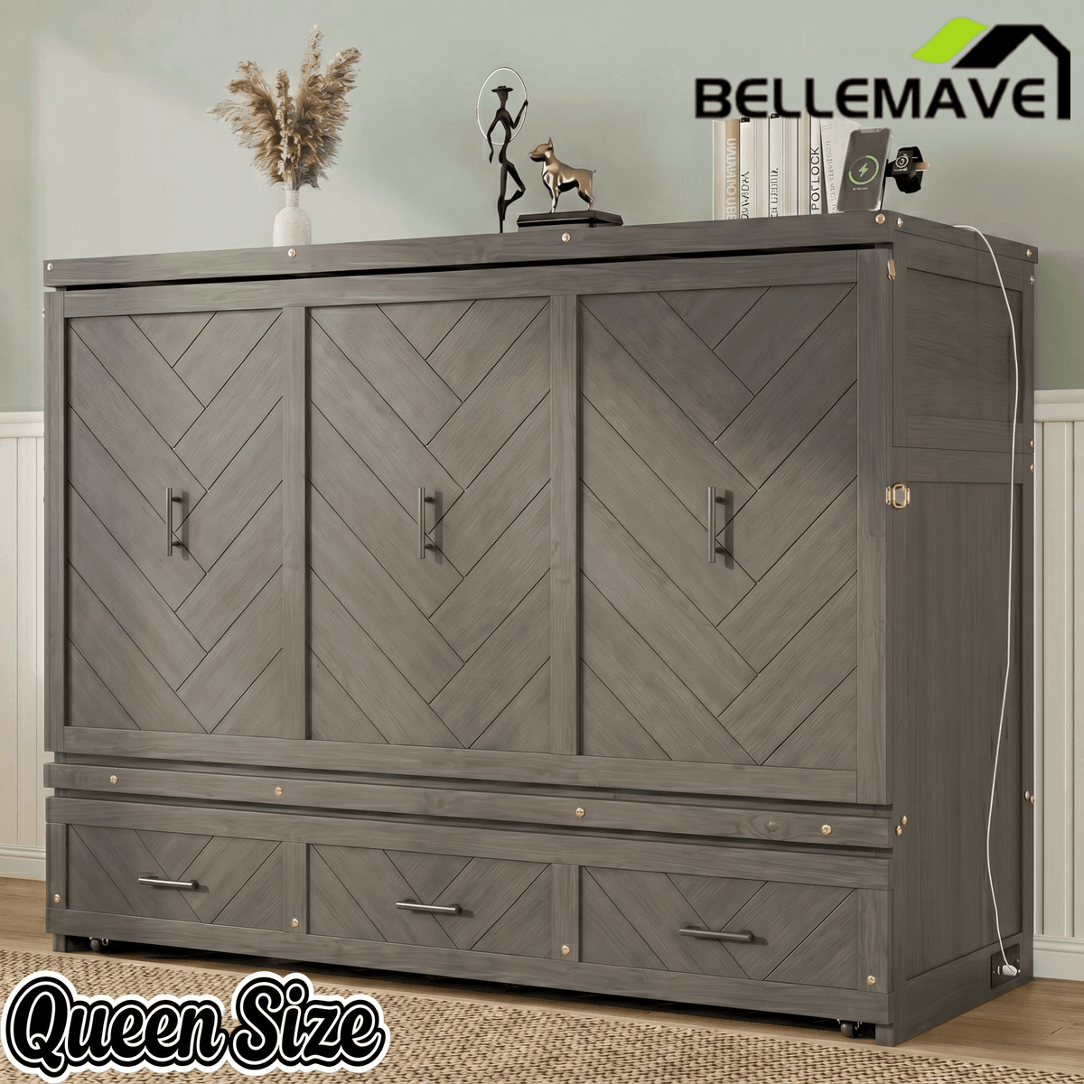 Bellemave® Queen Murphy Bed with Charging Station and Storage, Farmhouse Murphy Bed with Foldable Panel for Guest Bedroom, Living Room, Office - Bellemave