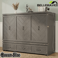 Bellemave® Queen Murphy Bed with Charging Station and Storage, Farmhouse Murphy Bed with Foldable Panel for Guest Bedroom, Living Room, Office - Bellemave