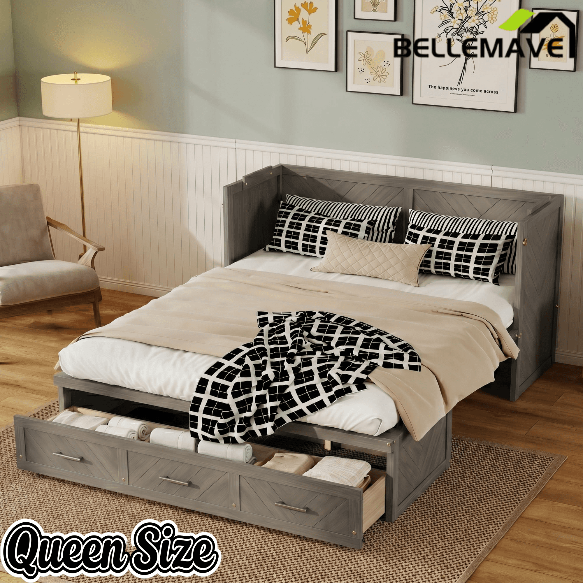 Bellemave® Queen Murphy Bed with Charging Station and Storage, Farmhouse Murphy Bed with Foldable Panel for Guest Bedroom, Living Room, Office - Bellemave