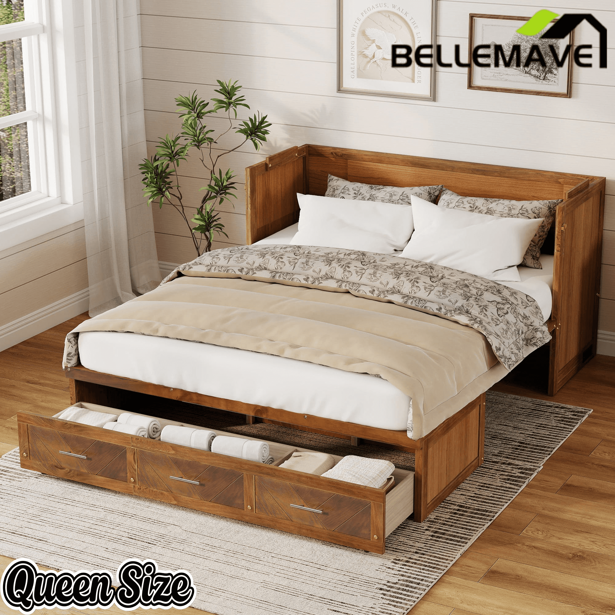 Bellemave® Queen Murphy Bed with Charging Station and Storage, Farmhouse Murphy Bed with Foldable Panel for Guest Bedroom, Living Room, Office - Bellemave