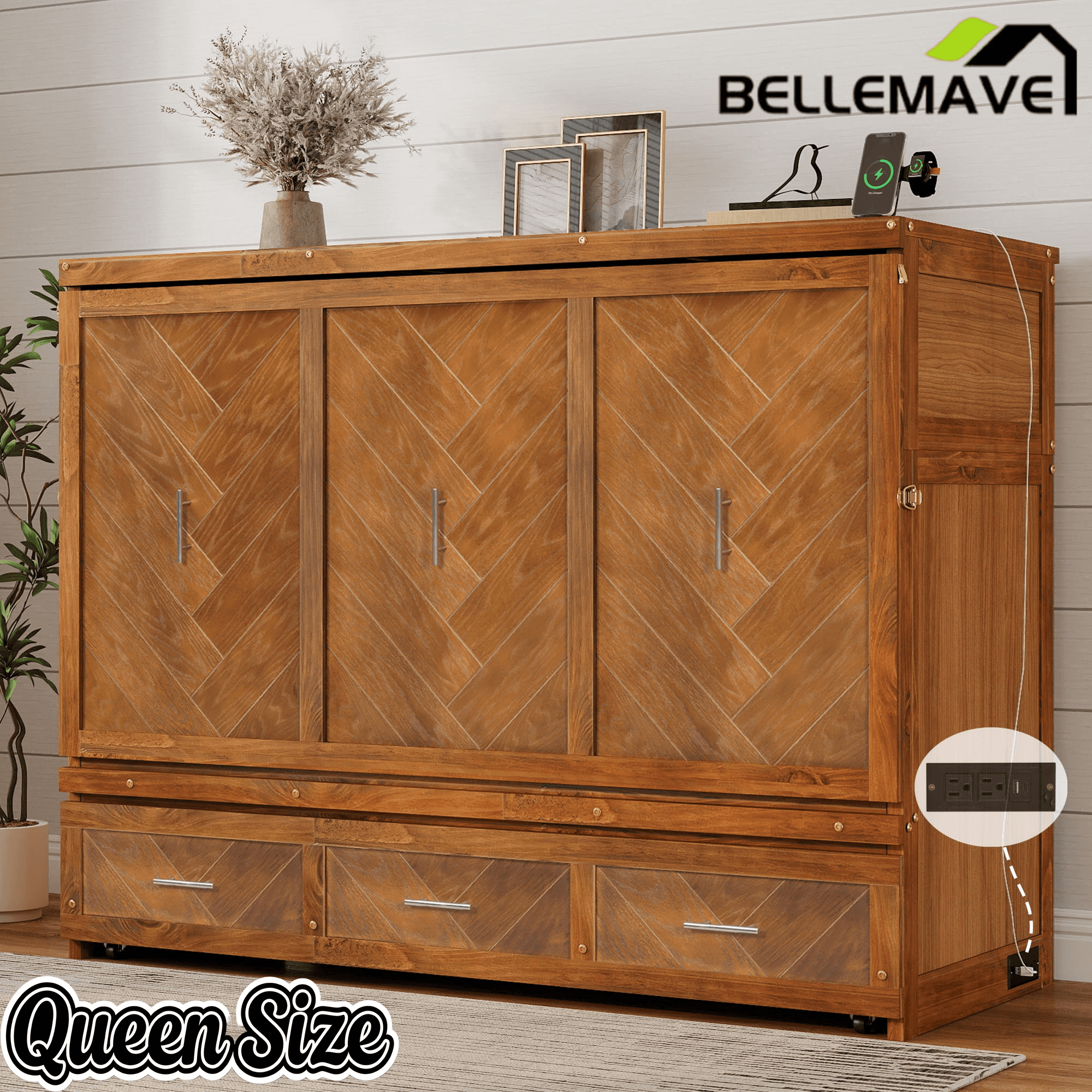 Bellemave® Queen Murphy Bed with Charging Station and Storage, Farmhouse Murphy Bed with Foldable Panel for Guest Bedroom, Living Room, Office - Bellemave
