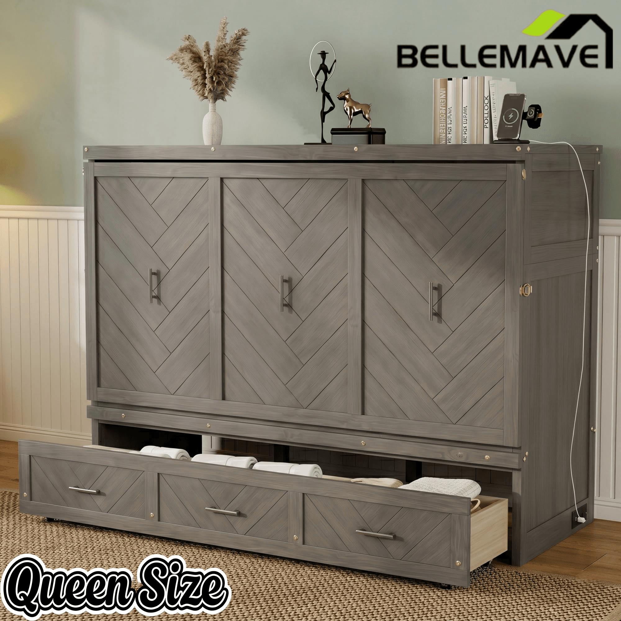 Bellemave® Queen Murphy Bed with Charging Station and Storage, Farmhouse Murphy Bed with Foldable Panel for Guest Bedroom, Living Room, Office - Bellemave