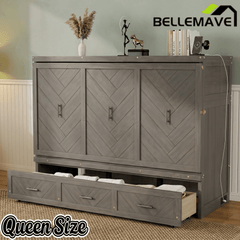 Bellemave® Queen Murphy Bed with Charging Station and Storage, Farmhouse Murphy Bed with Foldable Panel for Guest Bedroom, Living Room, Office - Bellemave