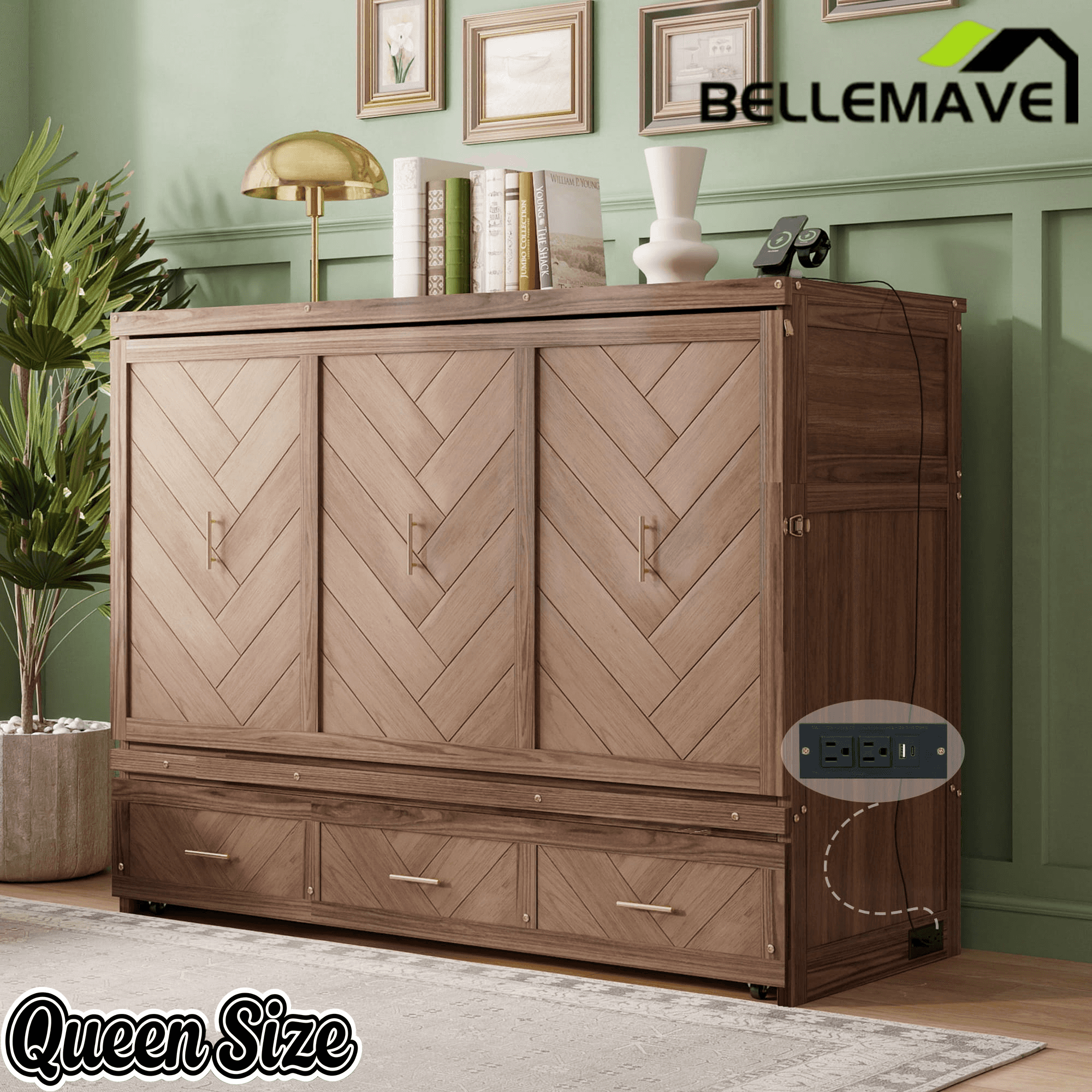 Bellemave® Queen Murphy Bed with Charging Station and Storage, Farmhouse Murphy Bed with Foldable Panel for Guest Bedroom, Living Room, Office - Bellemave