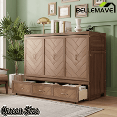 Bellemave® Queen Murphy Bed with Charging Station and Storage, Farmhouse Murphy Bed with Foldable Panel for Guest Bedroom, Living Room, Office - Bellemave