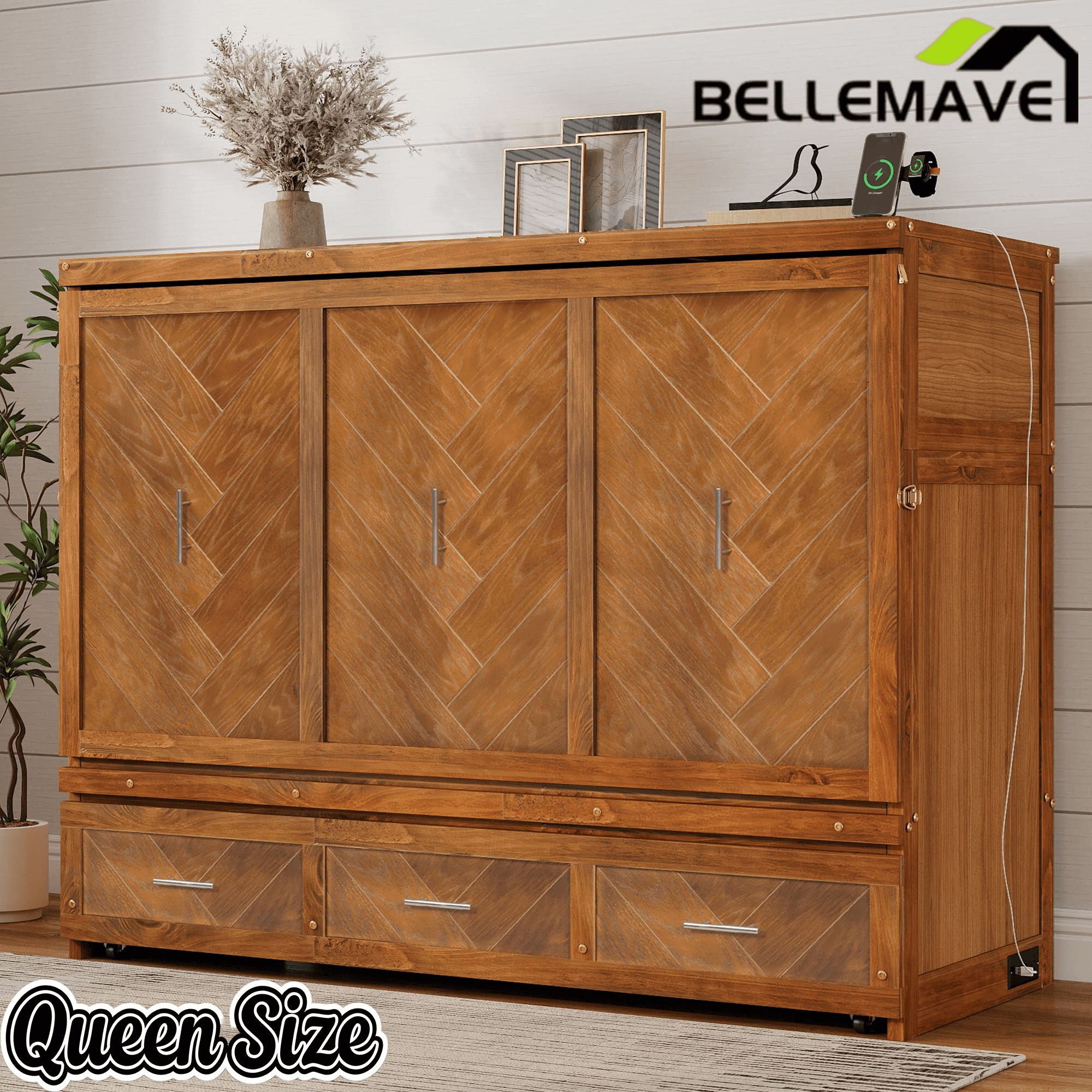 Bellemave® Queen Murphy Bed with Charging Station and Storage, Farmhouse Murphy Bed with Foldable Panel for Guest Bedroom, Living Room, Office - Bellemave