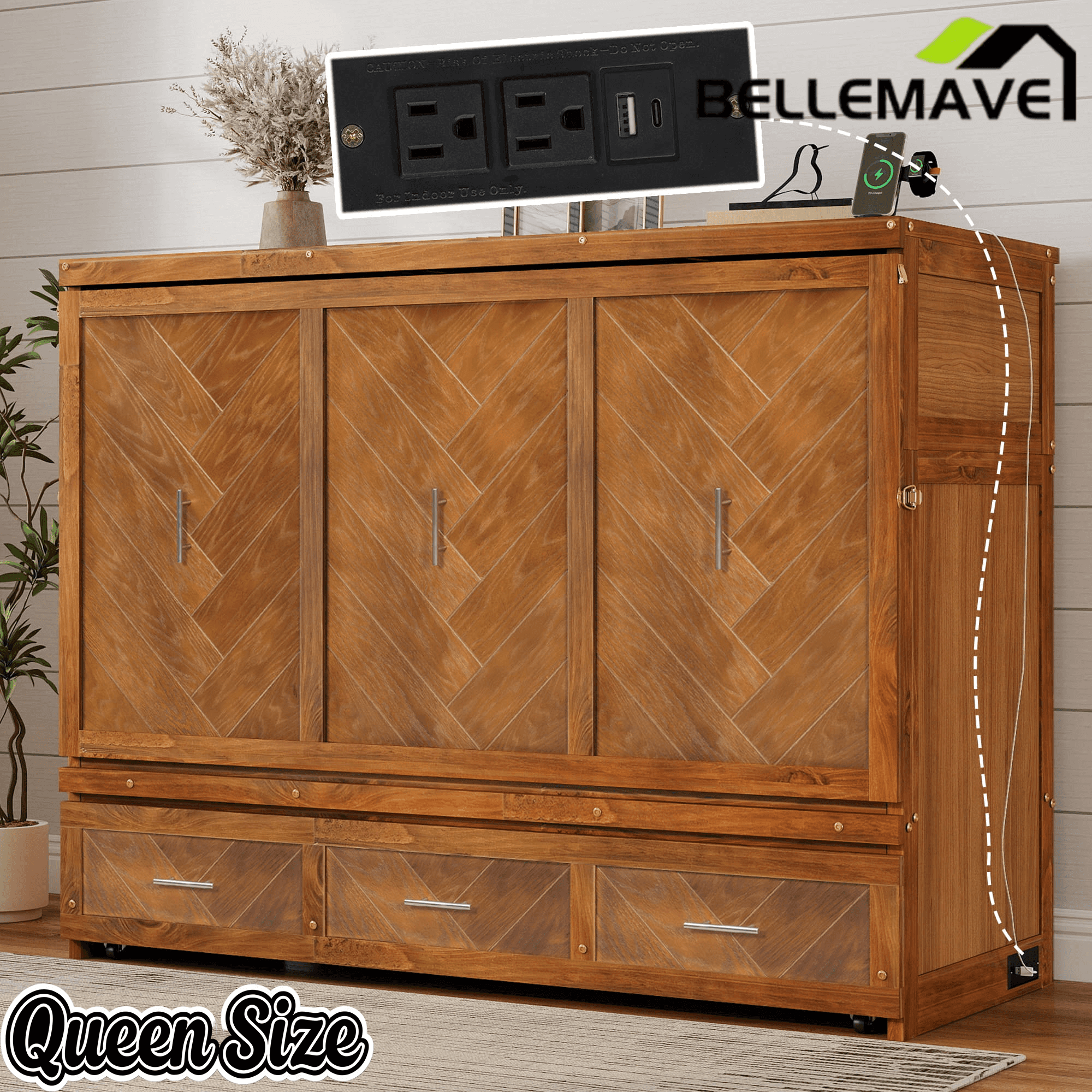 Bellemave® Queen Murphy Bed with Charging Station and Storage, Farmhouse Murphy Bed with Foldable Panel for Guest Bedroom, Living Room, Office - Bellemave