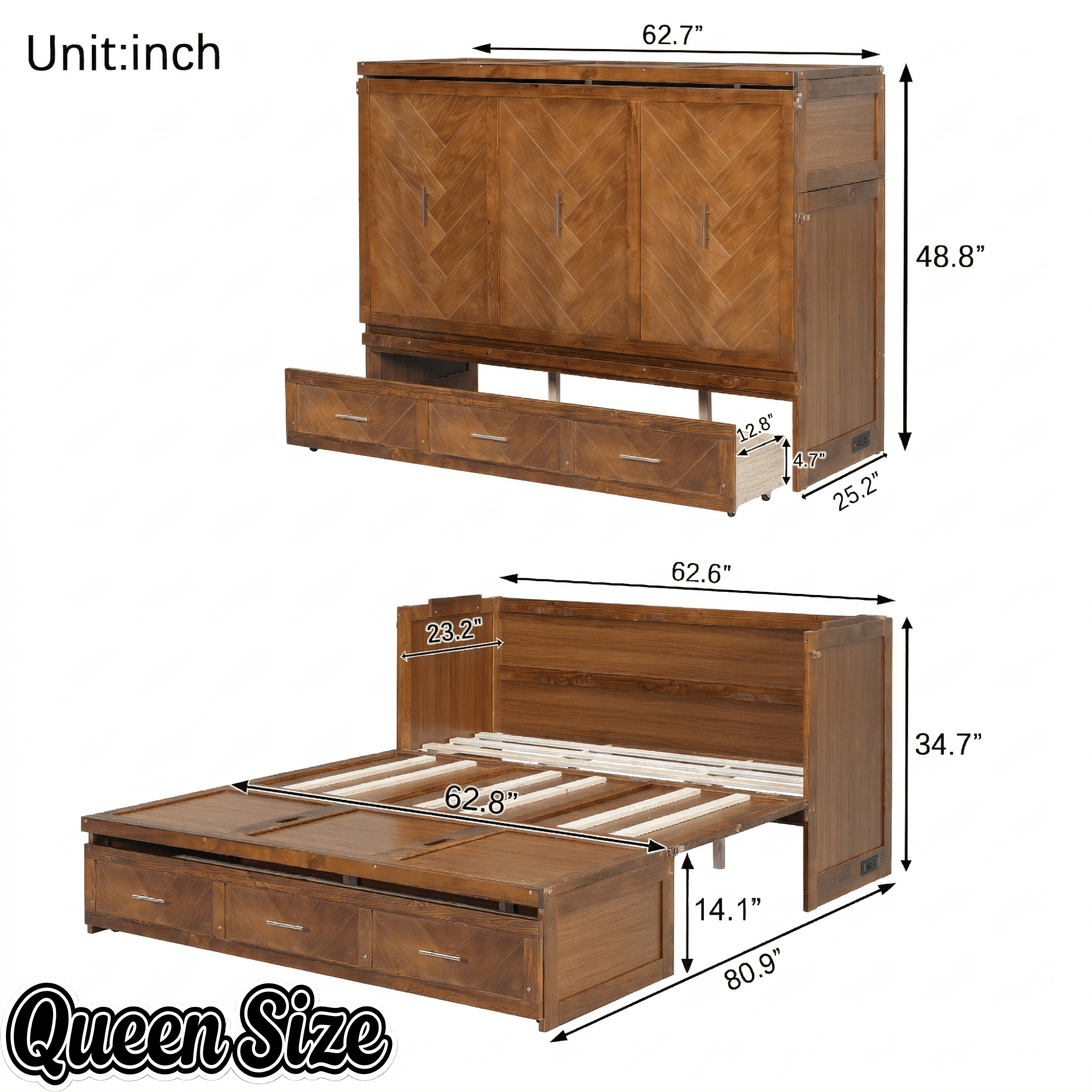 Bellemave® Queen Murphy Bed with Charging Station and Storage, Farmhouse Murphy Bed with Foldable Panel for Guest Bedroom, Living Room, Office - Bellemave