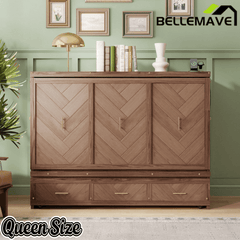Bellemave® Queen Murphy Bed with Charging Station and Storage, Farmhouse Murphy Bed with Foldable Panel for Guest Bedroom, Living Room, Office - Bellemave