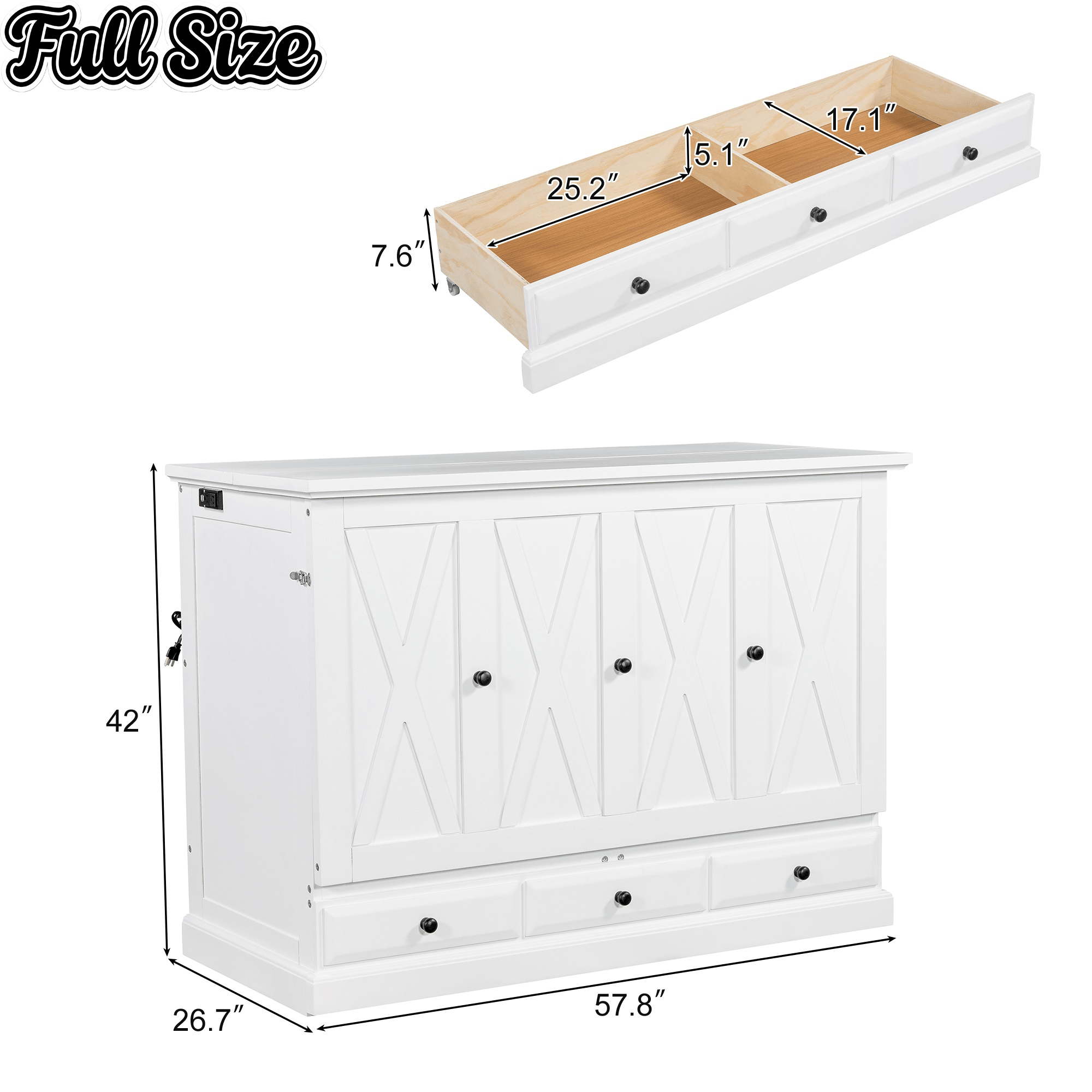 Bellemave® Queen Murphy Bed with Charging Station, Solid Wood Murphy Cabinet Bed with Large Drawers for Living Room, Bedroom, Apartment, White - Bellemave
