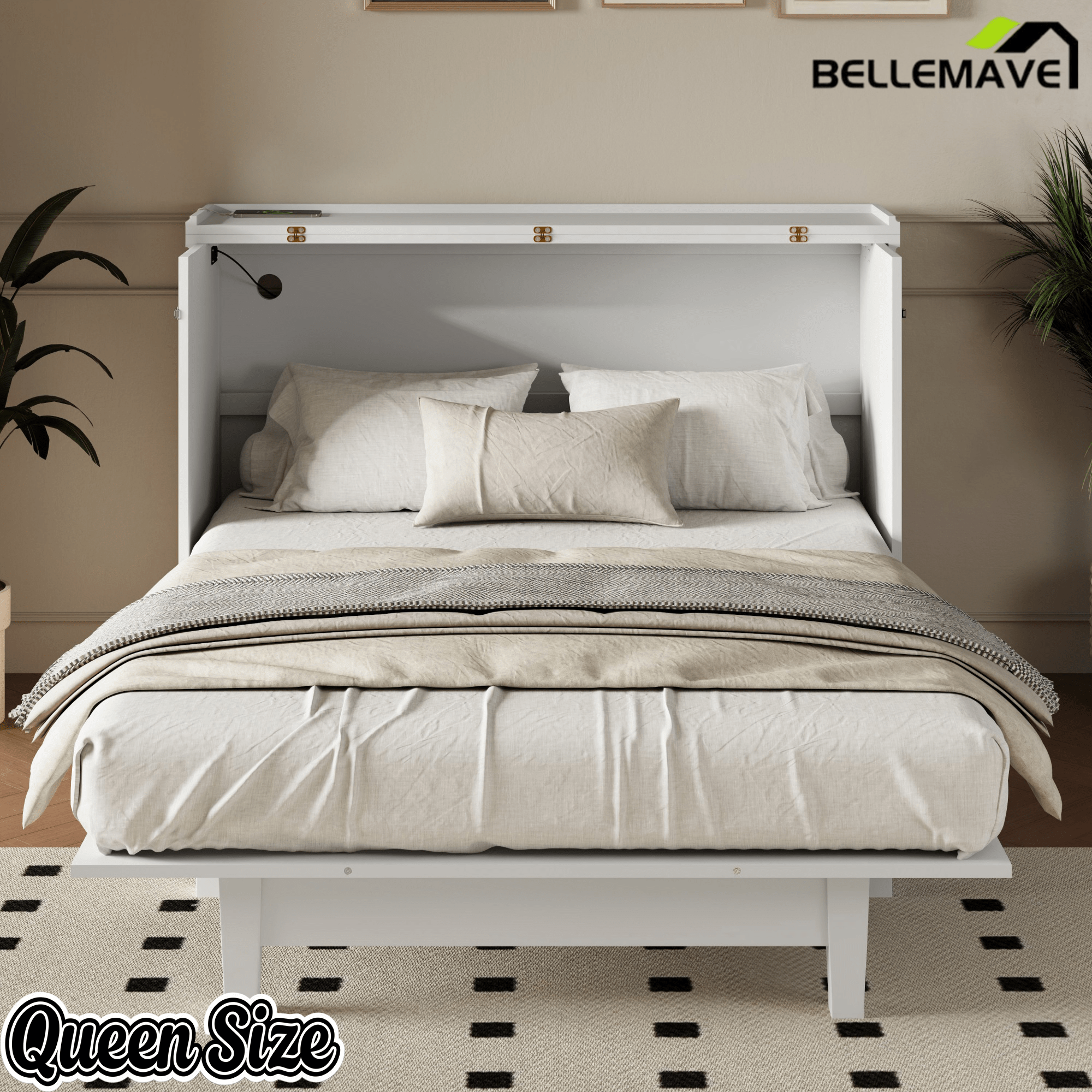 Bellemave® Queen Murphy Bed with Charging Station, Solid Wood Murphy Cabinet Bed with Large Drawers for Living Room, Bedroom, Apartment, White - Bellemave