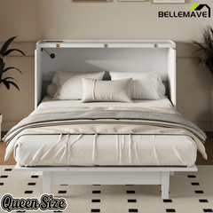 Bellemave® Queen Murphy Bed with Charging Station, Solid Wood Murphy Cabinet Bed with Large Drawers for Living Room, Bedroom, Apartment, White - Bellemave