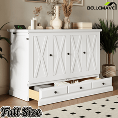 Bellemave® Queen Murphy Bed with Charging Station, Solid Wood Murphy Cabinet Bed with Large Drawers for Living Room, Bedroom, Apartment, White - Bellemave