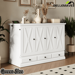 Bellemave® Queen Murphy Bed with Charging Station, Solid Wood Murphy Cabinet Bed with Large Drawers for Living Room, Bedroom, Apartment, White - Bellemave