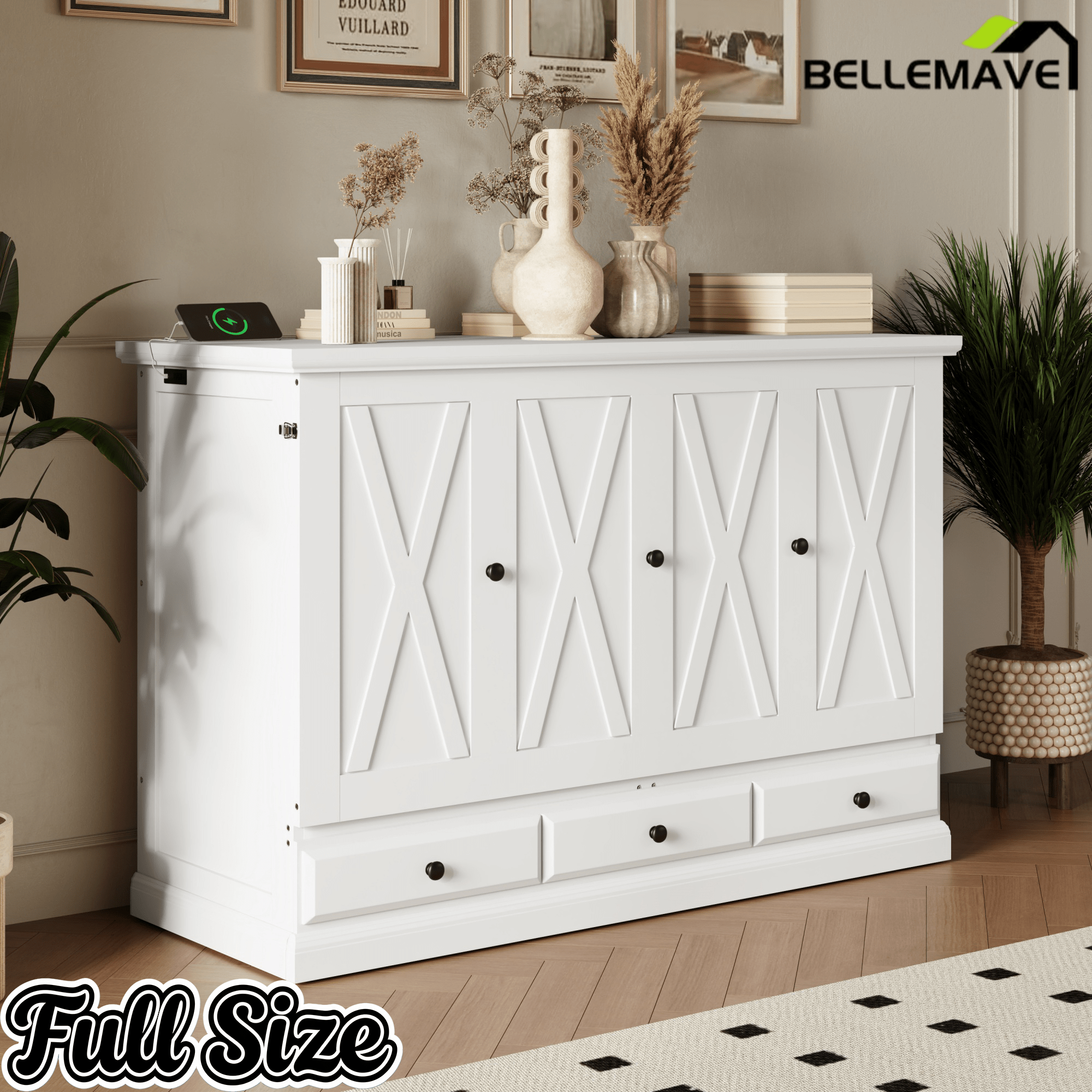 Bellemave® Queen Murphy Bed with Charging Station, Solid Wood Murphy Cabinet Bed with Large Drawers for Living Room, Bedroom, Apartment, White - Bellemave