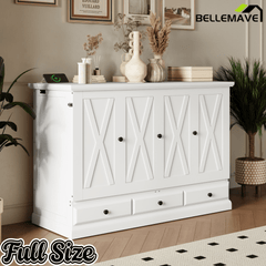 Bellemave® Queen Murphy Bed with Charging Station, Solid Wood Murphy Cabinet Bed with Large Drawers for Living Room, Bedroom, Apartment, White - Bellemave