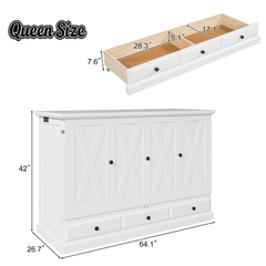 Bellemave® Queen Murphy Bed with Charging Station, Solid Wood Murphy Cabinet Bed with Large Drawers for Living Room, Bedroom, Apartment, White - Bellemave