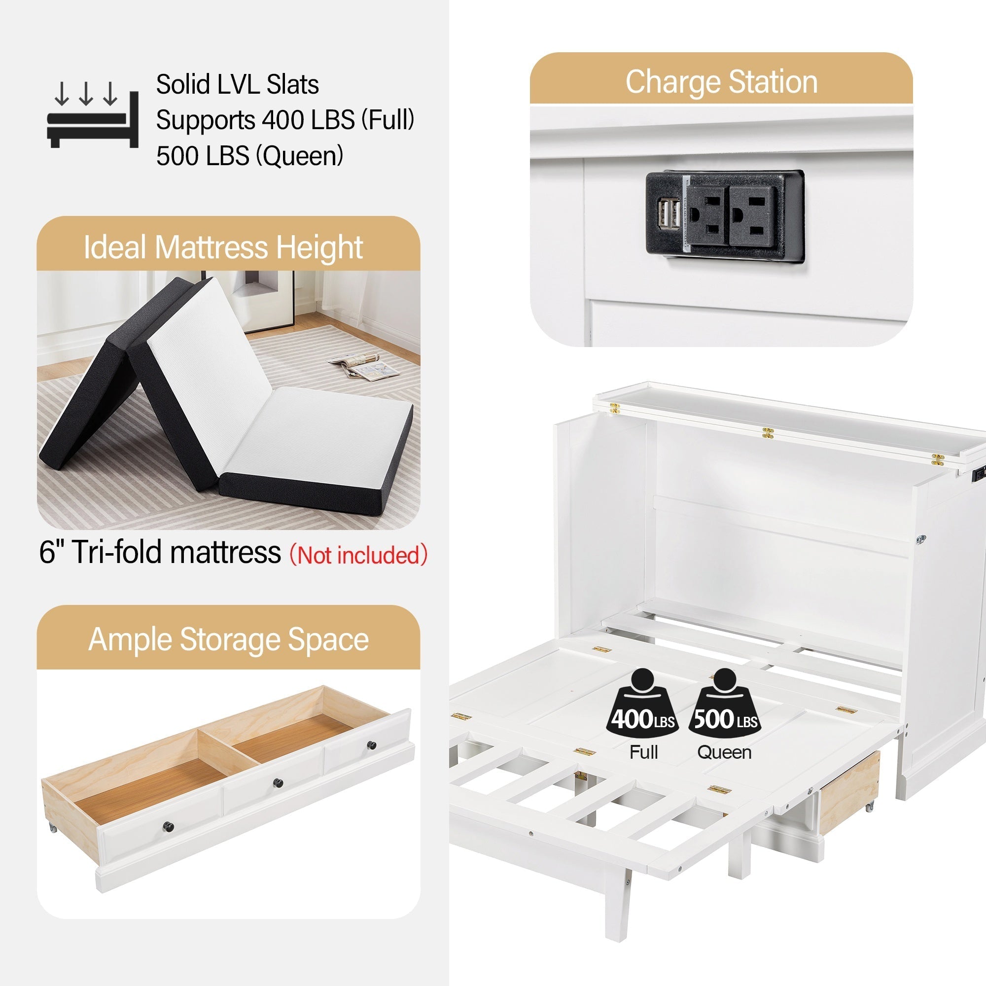 Bellemave® Queen Murphy Bed with Charging Station, Solid Wood Murphy Cabinet Bed with Large Drawers for Living Room, Bedroom, Apartment, White - Bellemave