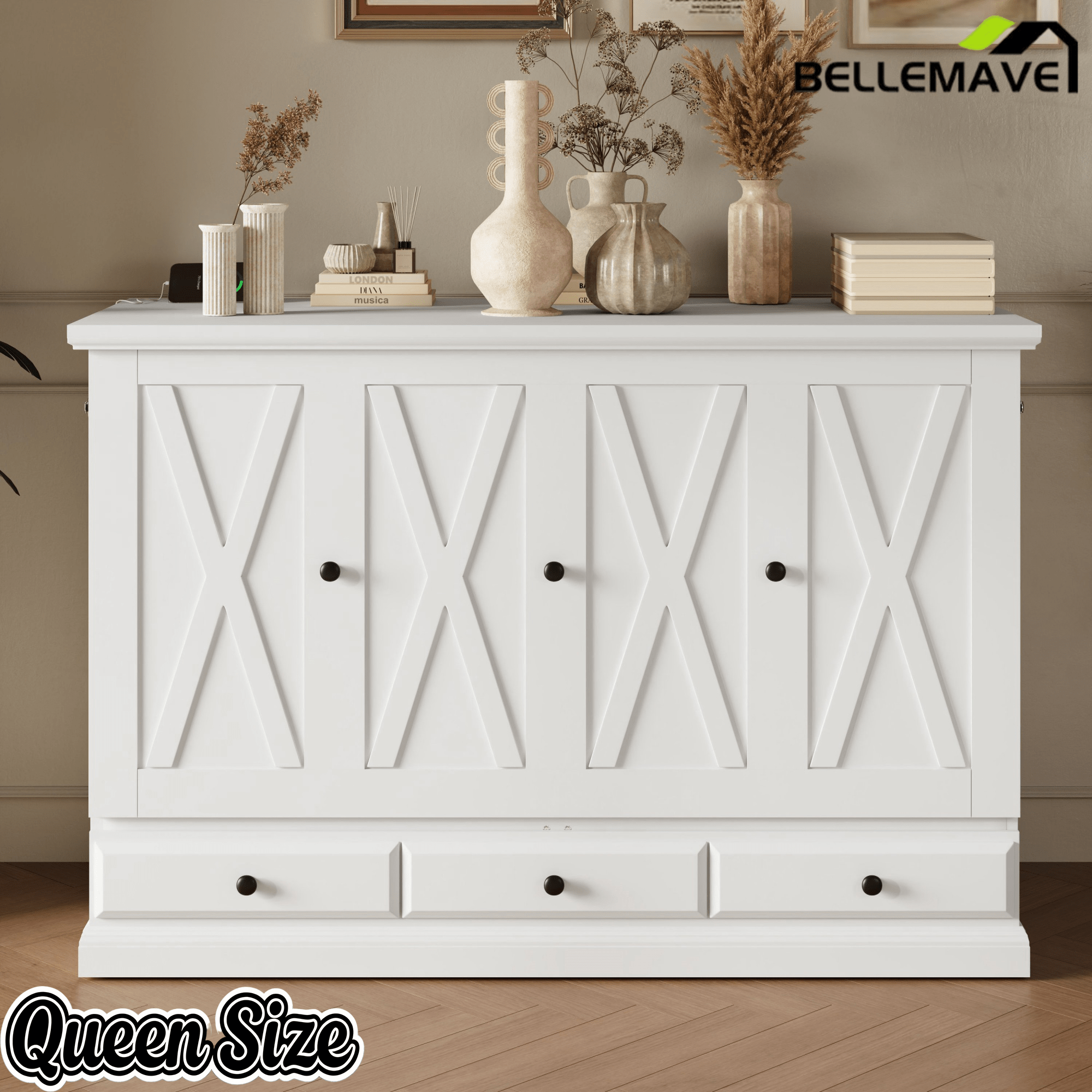 Bellemave® Queen Murphy Bed with Charging Station, Solid Wood Murphy Cabinet Bed with Large Drawers for Living Room, Bedroom, Apartment, White - Bellemave