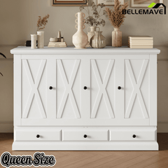 Bellemave® Queen Murphy Bed with Charging Station, Solid Wood Murphy Cabinet Bed with Large Drawers for Living Room, Bedroom, Apartment, White - Bellemave