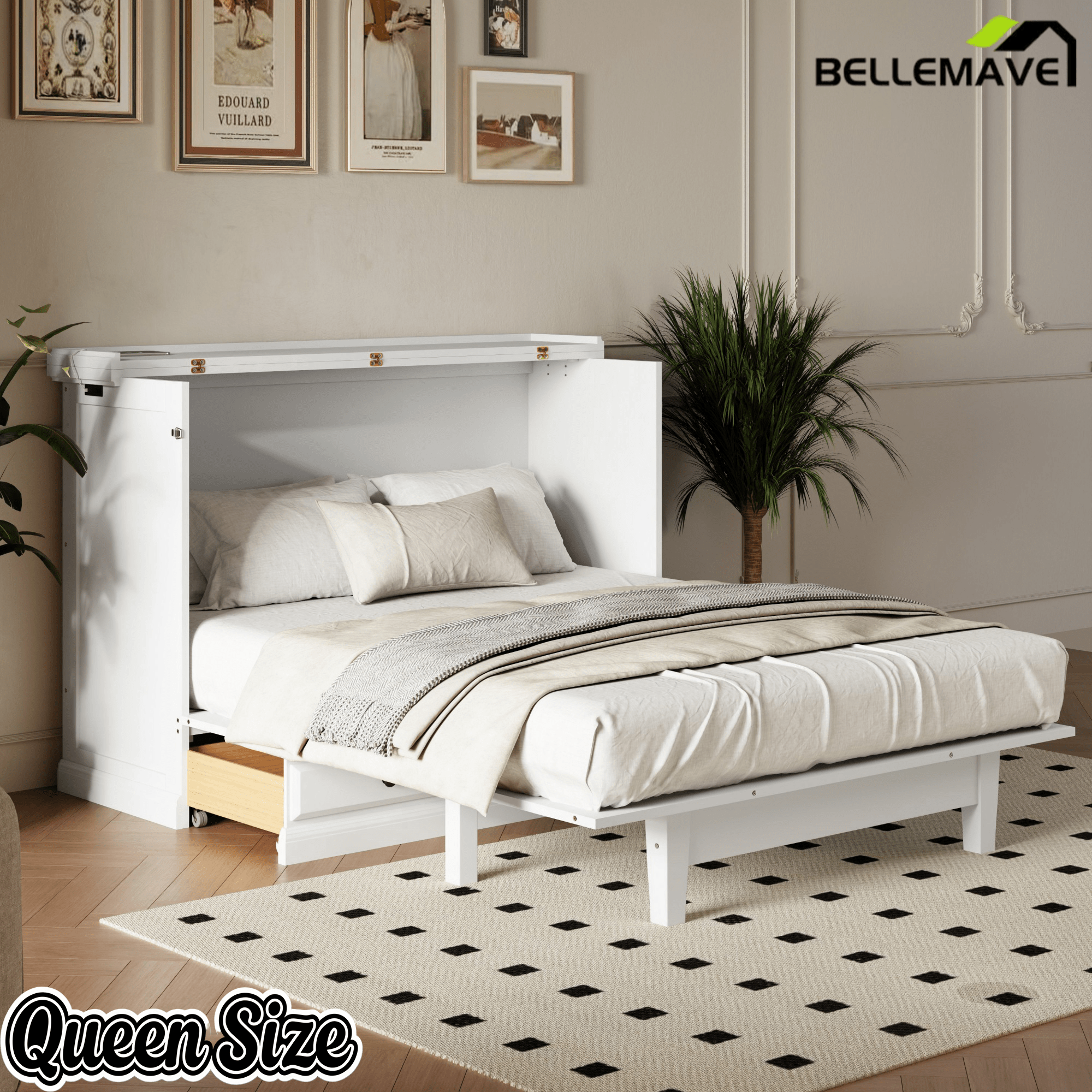 Bellemave® Queen Murphy Bed with Charging Station, Solid Wood Murphy Cabinet Bed with Large Drawers for Living Room, Bedroom, Apartment, White - Bellemave
