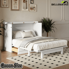 Bellemave® Queen Murphy Bed with Charging Station, Solid Wood Murphy Cabinet Bed with Large Drawers for Living Room, Bedroom, Apartment, White - Bellemave