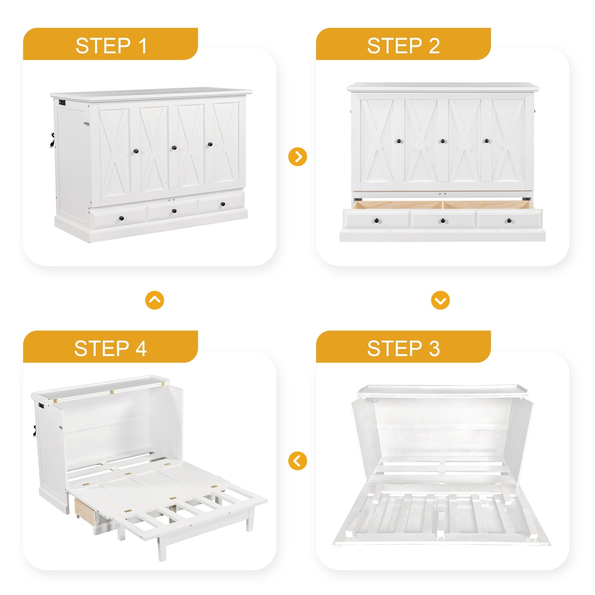 Bellemave® Queen Murphy Bed with Charging Station, Solid Wood Murphy Cabinet Bed with Large Drawers for Living Room, Bedroom, Apartment, White - Bellemave